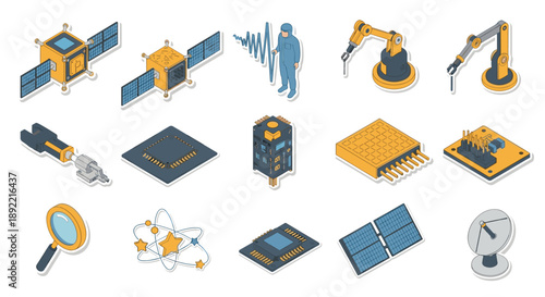 An isometric sticker set illustrating advanced satellite and robotics technology, featuring satellites, robotic arms, microchips, and a dish antenna.