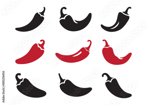 Chili pepper icons set in black and red colors representing spicy food and hot seasonings for culinary designs