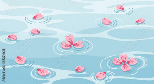 Pink Cherry Blossoms Floating on Rippling Water Surface