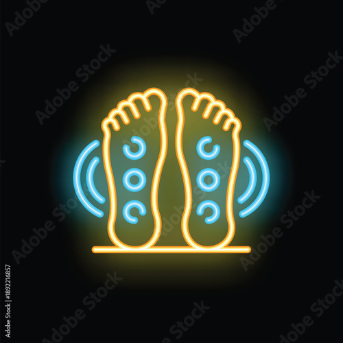 Bright neon sign of feet receiving acupressure massage therapy on black background