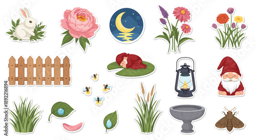A whimsical sticker set depicting a magical night garden, with a gnome, a sleeping fairy, fireflies, flowers, and a rabbit.