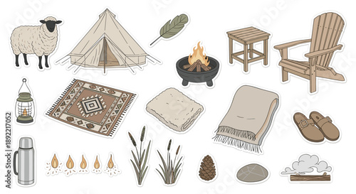 A cozy collection of hand-drawn stickers for glamping and stylish camping, featuring a bell tent, campfire, and comfortable furnishings.
