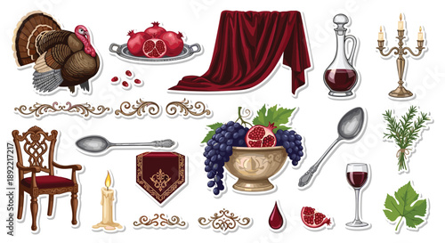 An elegant sticker set depicting a classic and luxurious banquet or still life scene with a turkey, wine, and ornate tableware.