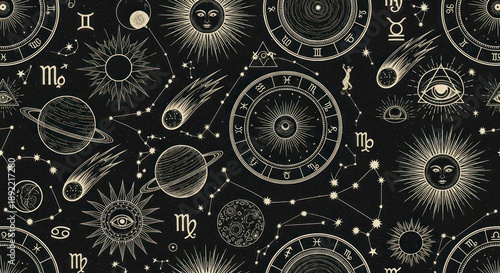 Vintage celestial pattern with astrological zodiac and cosmic symbols