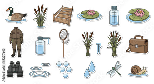 A hand-drawn sticker collection for pond life observation and limnology, featuring a goose, cattails, water samples, and binoculars.