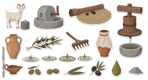 A hand-drawn sticker set illustrating the traditional process of making olive oil, with a stone mill, a press, and a goat.