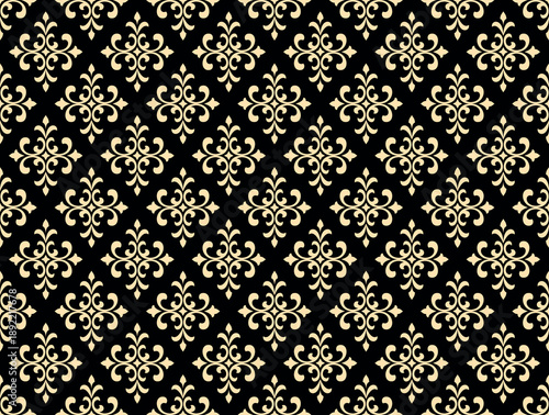 Floral pattern. Seamless vector background. Vintage wallpaper in the Baroque style. Golden and black ornament for fabric, wallpaper, packaging. Ornate Damask flower illustration