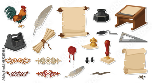 A collection of vintage stickers for scribes and calligraphers, featuring a rooster, quill pens, inkwells, scrolls, and wax seals.