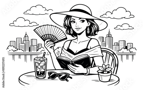 Hand drawn line art illustration of a woman depicting reading a book and fanning herself for a summer city cafe
