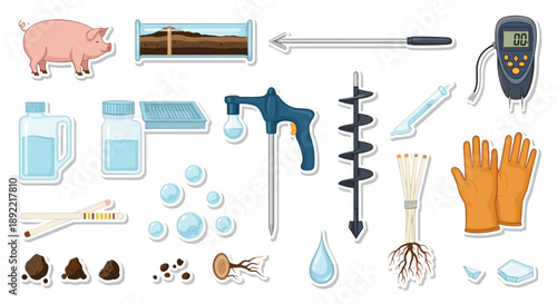A sticker collection of scientific tools for soil analysis and agriculture, including a soil auger, pH strips, and a moisture meter.