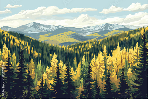 a vast mountain forest landscape. Panoramic view of dense pine and larch trees with a mix of yellow and green foliage, backed by majestic snow-capped peaks under a blue sky with clouds