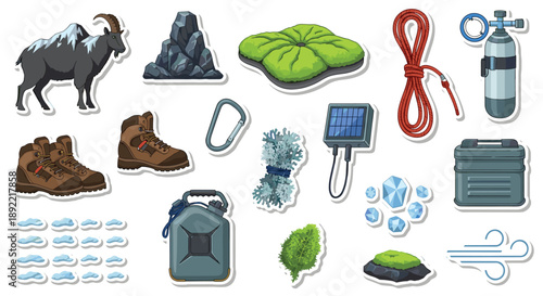 A sticker collection of gear for mountain climbing and alpine expeditions, featuring hiking boots, a rope, a solar charger, and a mountain goat.