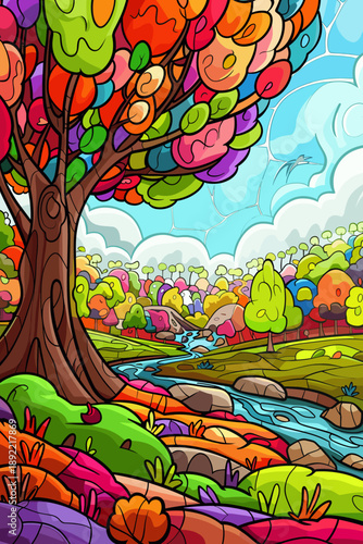 A large tree with multicolored leaves (red, green, orange, purple) stands in the foreground next to a flowing blue river. The style features bold outlines resembling stained glass or mosaic art