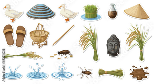 A sticker collection depicting traditional Asian rice farming, featuring rice paddies, ducks, a farmer's hat, and a Buddha head statue.