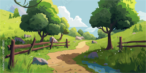 Cartoon vector illustration of a sunny countryside landscape. A winding dirt path leads through green rolling hills, flanked by rustic wooden fences and lush trees