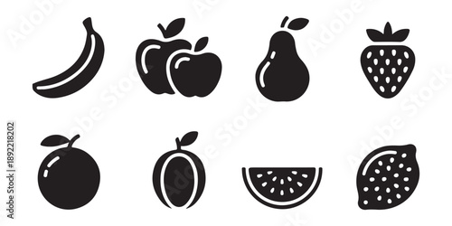 Black and white fruit icons set including banana apple pear strawberry orange plum watermelon and lemon glyph