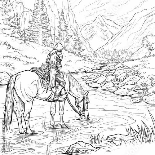 Black and white line art illustration of a traveler on horseback stopping by a mountain stream. A hooded rider sits on a horse drinking water, surrounded by pine trees, rocks, and rugged peaks