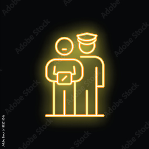 Yellow neon icon of a police officer checking the documents of a suspect