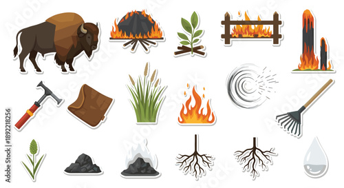 A collection of stickers depicting prairie life and natural elements, including a bison, various fires, a rake, plant roots, and tools for survival.