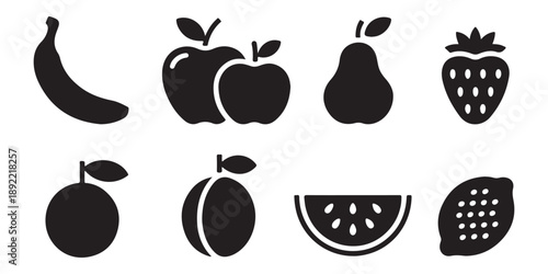 Assorted fruit silhouettes set with banana apples pear strawberry orange plum watermelon slice and lemon art