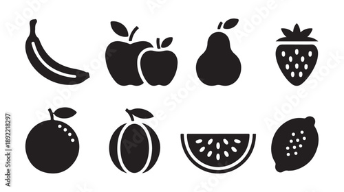 Flat fruit icon pack with banana apples pear strawberry orange plum watermelon and citrus lemon shapes glyph