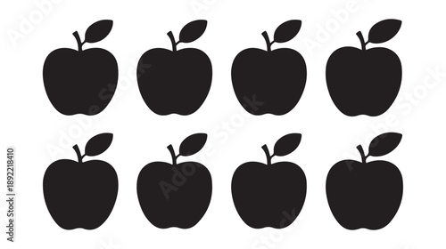 Set of eight black apple silhouette icons isolated on white background symbol of healthy eating and nutrition