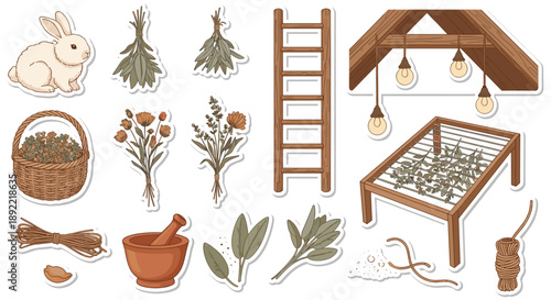 A rustic and cozy sticker set illustrating the process of drying herbs, including a rabbit, hanging bunches, a drying rack, and a mortar and pestle.