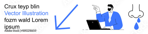 Education, communication, medical concepts, presentations, awareness, anatomy. Man pointing at a laptop, nose symbol with droplets and a blue arrow. Education and medical concepts focus