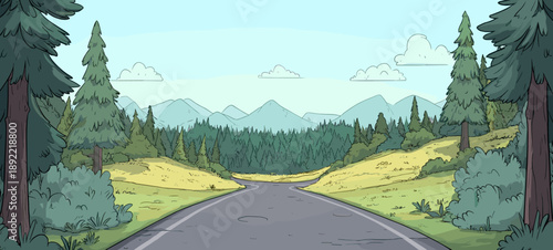 a scenic summer landscape. A paved road leads through a lush green pine forest towards distant blue mountains under a bright sky with clouds. Wide angle nature background with trees in the foreground