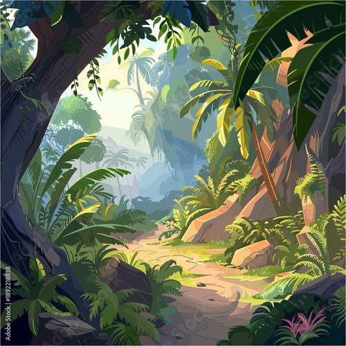 a dense tropical jungle landscape. A winding dirt path leads through lush green vegetation, framed by large ancient trees with vines and ferns. Sunlight beams stream through the canopy