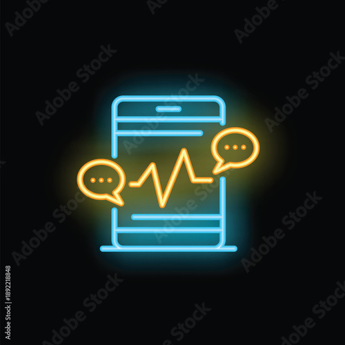 Neon sign representing a smartphone showing a cardiogram with two chat bubbles, evoking online medical consultation