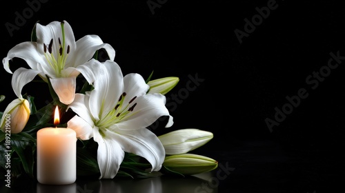 A serene arrangement of white lilies beside a lit candle, set against a black background, creating a peaceful and elegant atmosphere.