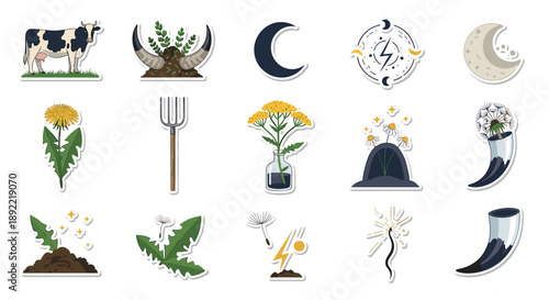 A mystical collection of witchcraft and herbalism stickers, featuring a cow, moon phases, dandelions, a pitchfork, and magical symbols.