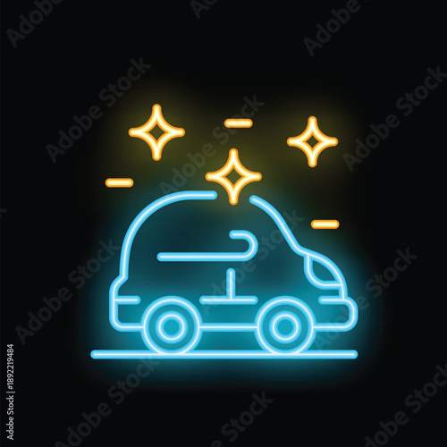 Neon car icon is glowing on a dark background, representing a car wash service
