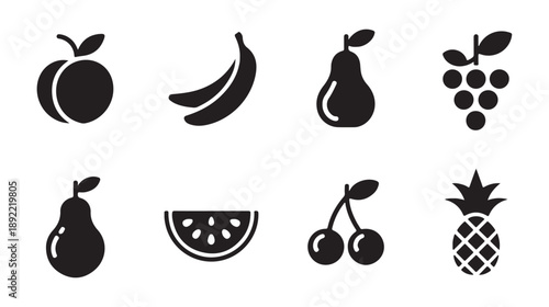 Group of fresh fruit icons vector isolated on white background peach banana pear grapes pineapple watermelon cherries