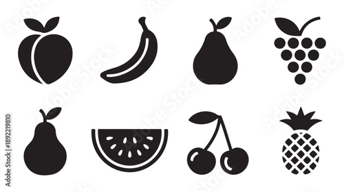 Variety of fruit icons vector isolated on white background peach banana pear grapes pineapple watermelon cherries