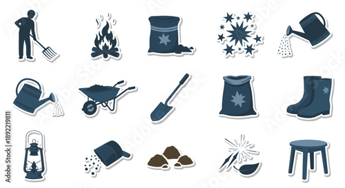 A stylized sticker set in a dark blue palette for gardening and fertilizing, including a wheelbarrow, watering can, boots, and bags of fertilizer.