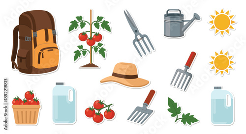 A vibrant sticker set dedicated to growing tomatoes, featuring a tomato plant, gardening tools, a backpack for the urban farmer, and sun icons.