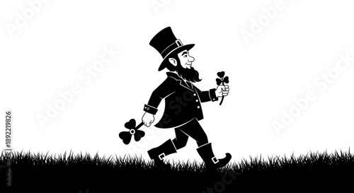 Leprechaun Running with Shamrocks and Lucky Charms Isolated on White Background