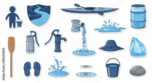 A collection of stickers in a blue palette centered on water activities and collection, with a kayak, a hand pump, splashes, and a bucket.