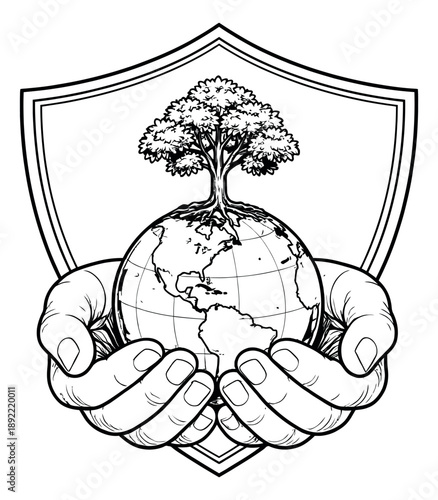 Hand drawn line art illustration of earth with a tree held in protective hands depicting global sustainability and environmental protection for ecology and nature conservation initiatives