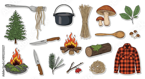 A hand-drawn sticker set for survival and foraging in the forest, featuring a campfire, wild mushrooms, a knife, and a cooking pot.
