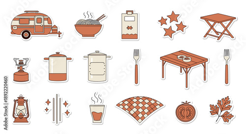 Cozy camping and outdoor dining sticker set in a simple line art style, featuring a travel trailer, a bowl of noodles, a camp stove, and picnic essentials.