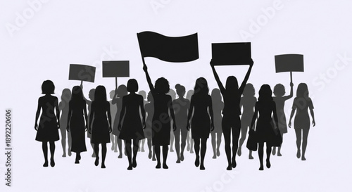 Women Protesting with Signs and Flag, Silhouettes on White Background