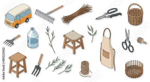 An isometric sticker set of charming florist and gardening tools in a hand-drawn style, including a retro van, rakes, baskets, pruning shears, and an apron.