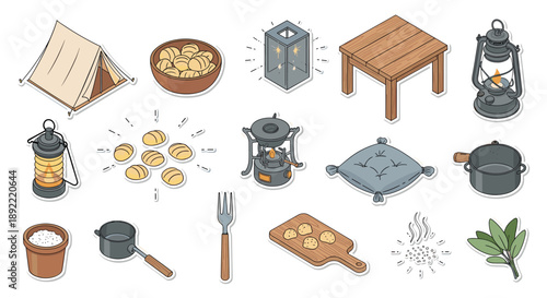 A cozy and charming isometric sticker set for a comfortable camping or glamping trip, featuring a canvas tent, lanterns, warm food, and a wooden camp table.