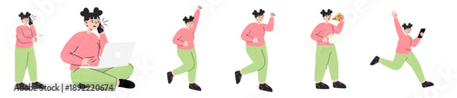Comprehensive Set of Young Asian Woman Character Poses Illustrating Wellness, Career, and Daily Activities Flat Style