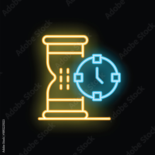 Neon sign showing an hourglass with sand falling and a clock showing the time passing by