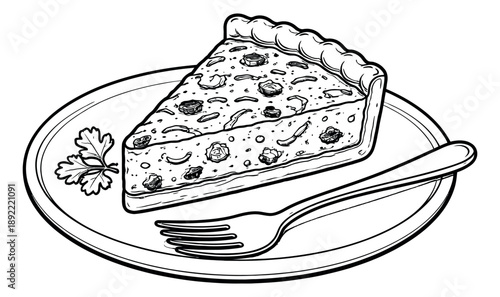 Hand drawn line art illustration of a slice of savory pie depicting it served on a plate with a fork and parsley for culinary themes