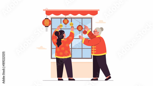 Elderly couple decorating storefront lanterns.